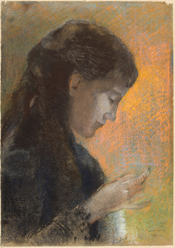 Odilon Redon, Madame Redon brodant, en 1880, pastel sur papier, H. 58,0 ; L. 42,0 cm